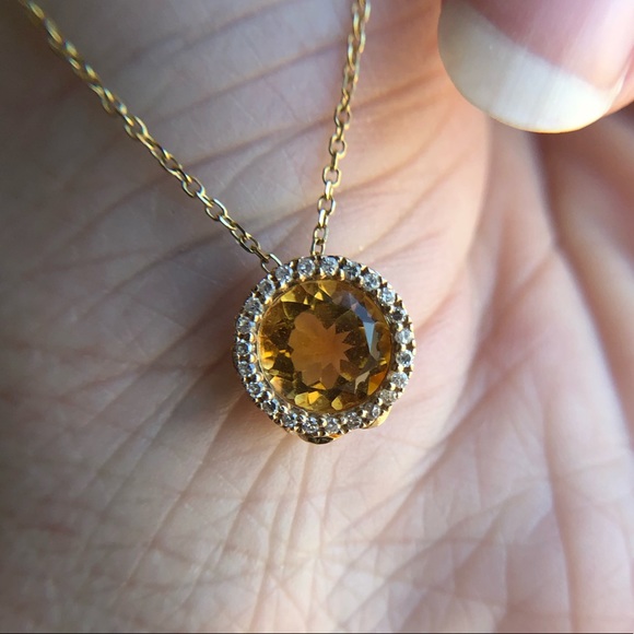 Getana 14k Citrine Diamond Pendant and Fine Chain Solid Yellow Gold Princess Cut - Picture 11 of 12